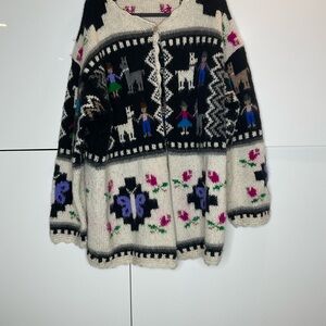 Hand knit pure wool folk style cardigan Peruvian Large Llama Butterfly